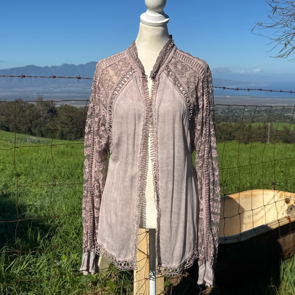 XCVI Wearables Blush Taupe Lace boho Long Sleeve Cardigan XS